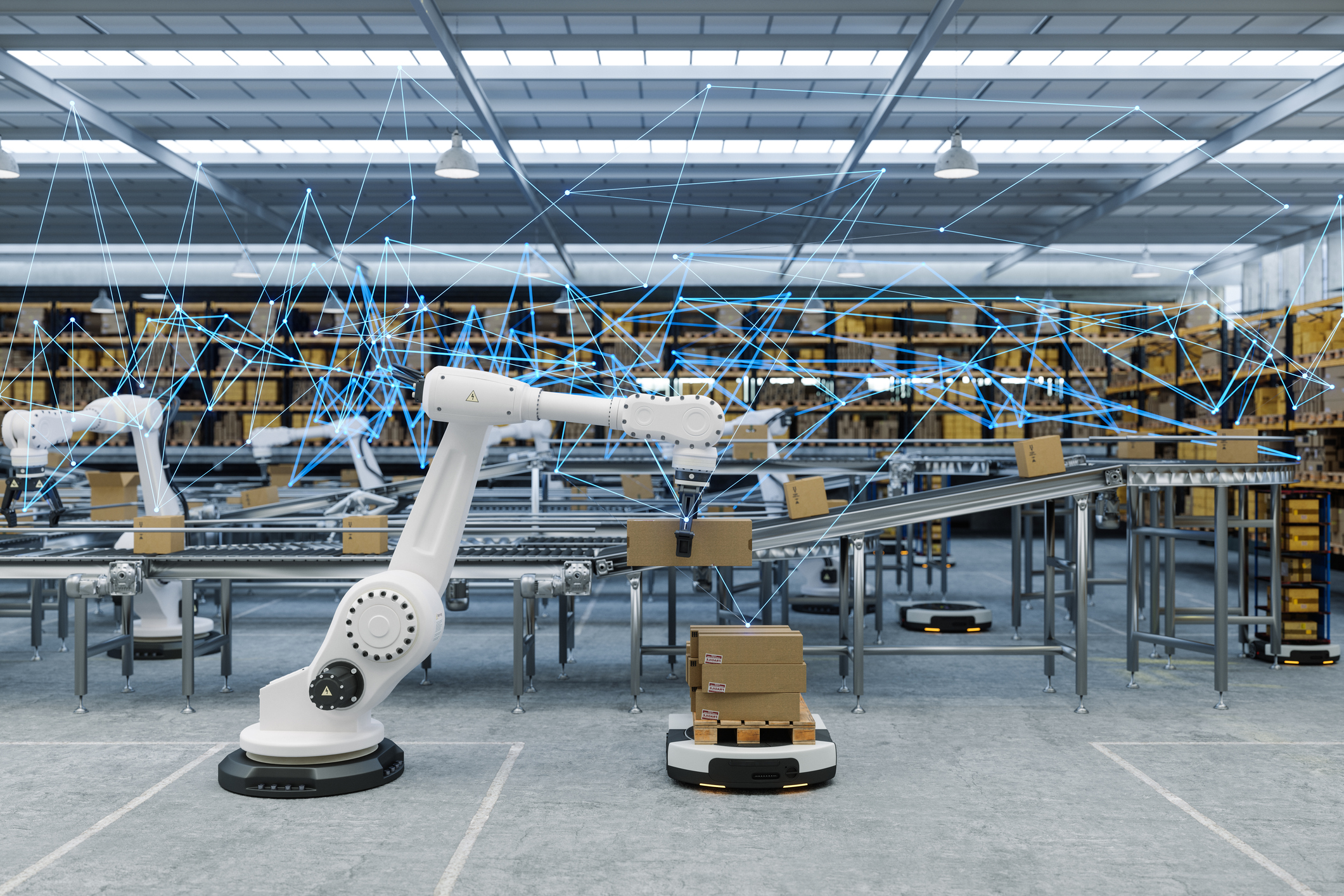 Distribution Warehouse With Plexus, Automated Guided Vehicles And Robots Working On Conveyor Belt